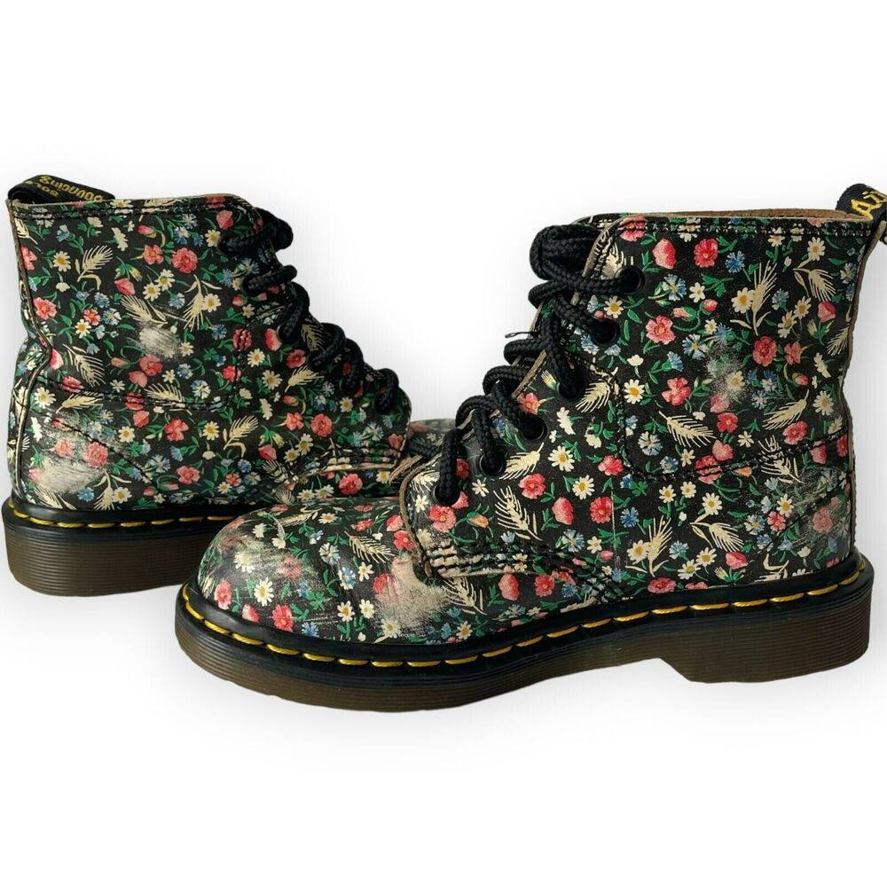 Dr. Martens Floral Made in England Leather Boots US 6 UK 4 Eye 90's Wheat Black - Picture 9 of 15